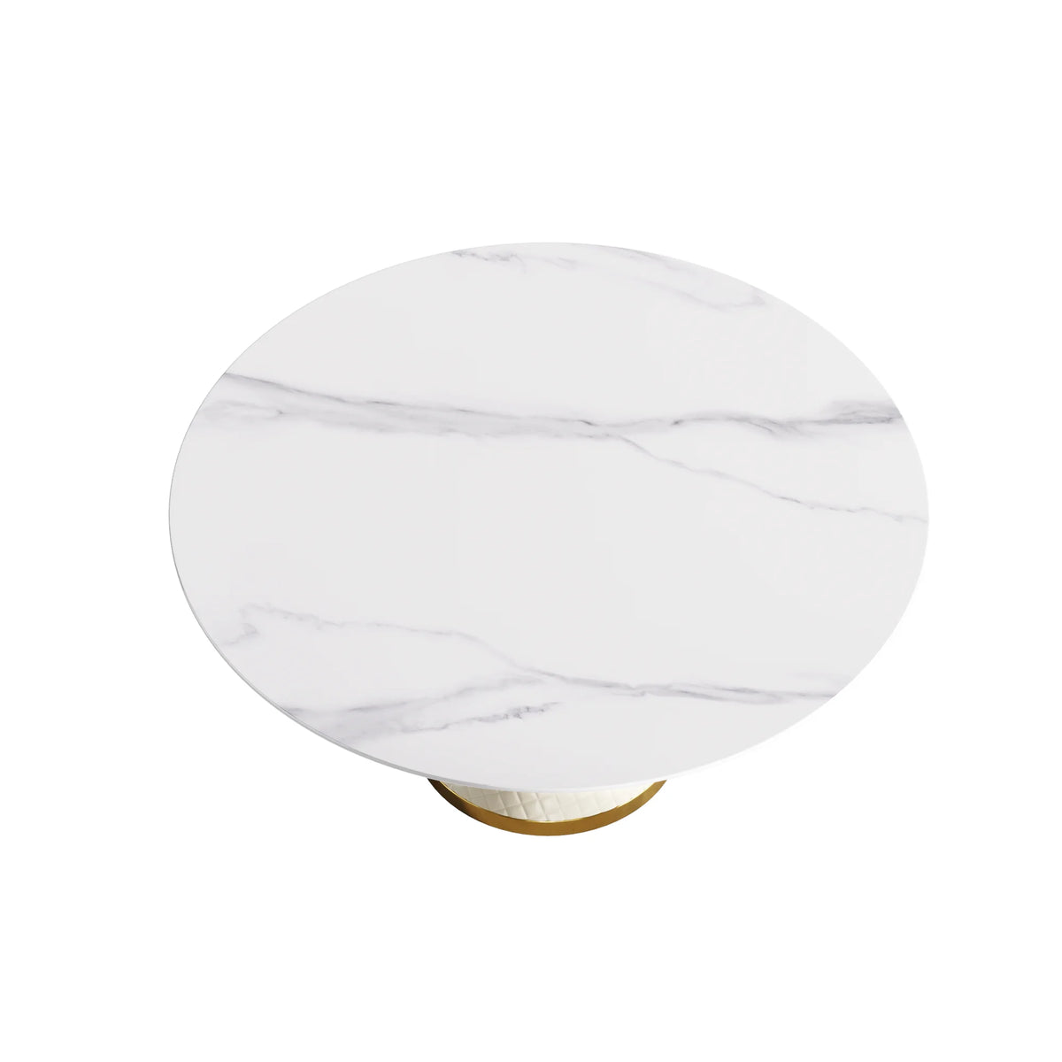 Mesa de comedor Marbella de piedra sinterizada | Redonda de 150 cm (59 pulgadas) en blanco brillante con base revestida de cuero