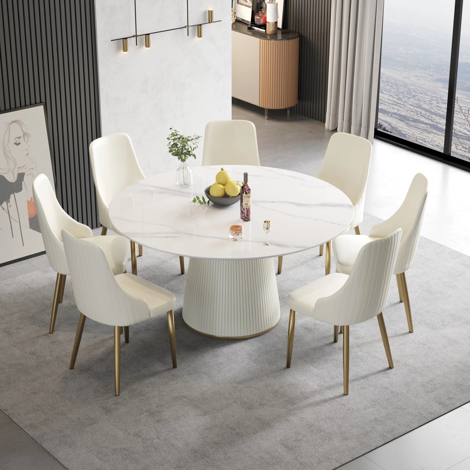 Mesa de comedor Marbella de piedra sinterizada | Redonda de 150 cm (59 pulgadas) en blanco brillante con base revestida de cuero