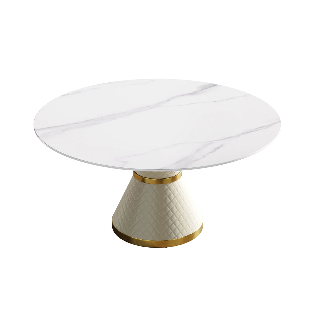 Mesa de comedor Marbella de piedra sinterizada | Redonda de 150 cm (59 pulgadas) en blanco brillante con base revestida de cuero