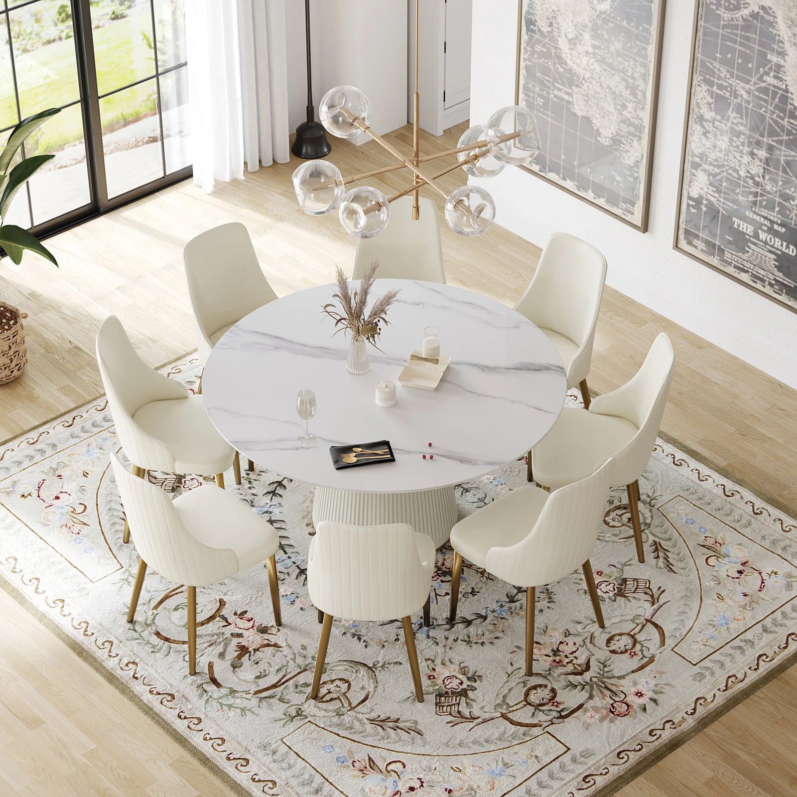 Mesa de comedor Marbella de piedra sinterizada | Redonda de 150 cm (59 pulgadas) en blanco brillante con base revestida de cuero