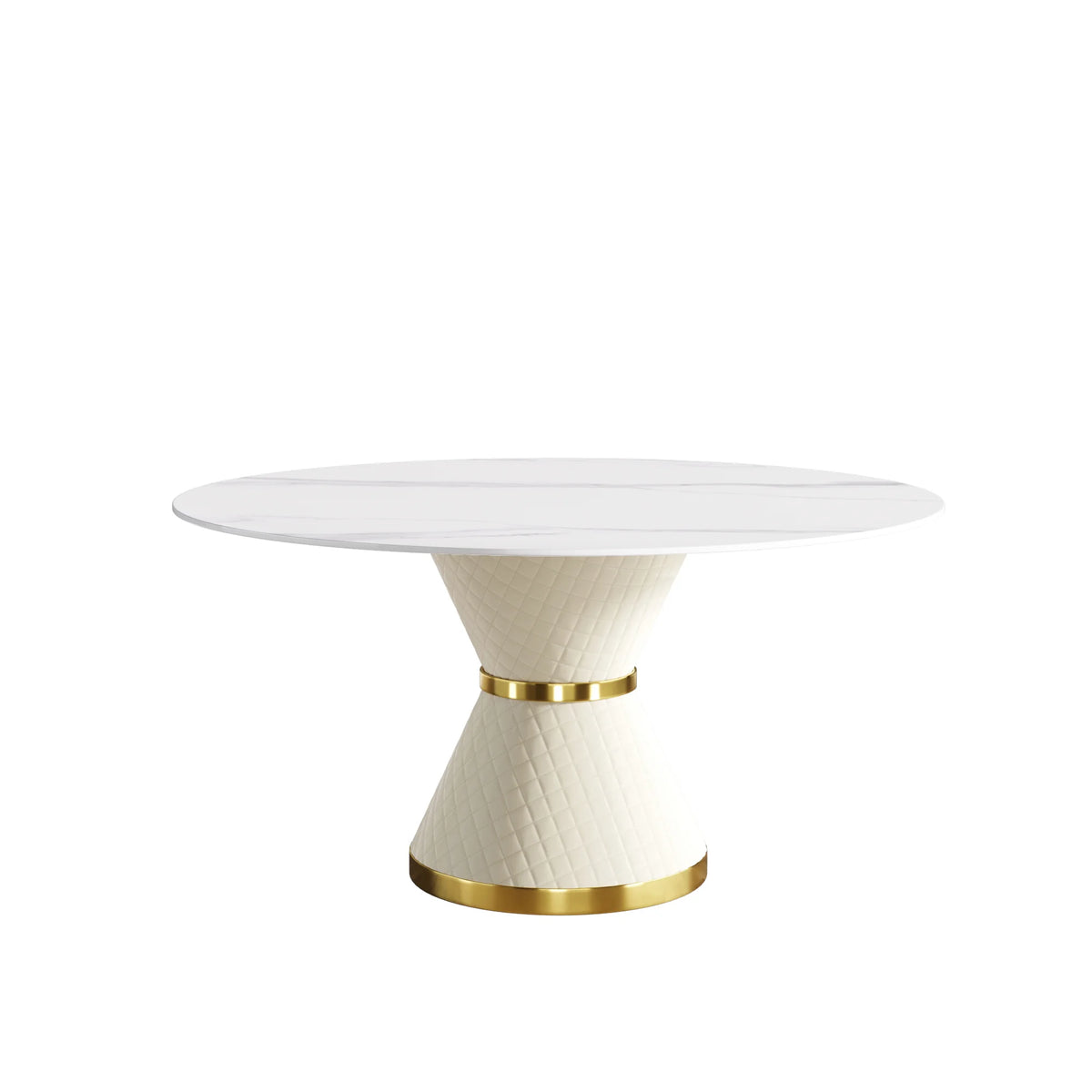 Mesa de comedor Marbella de piedra sinterizada | Redonda de 150 cm (59 pulgadas) en blanco brillante con base revestida de cuero