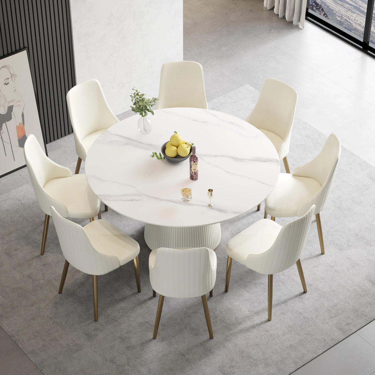 Marbella Sintered Stone Dining Table | 59" White Gloss Round With Leather-Covered Base