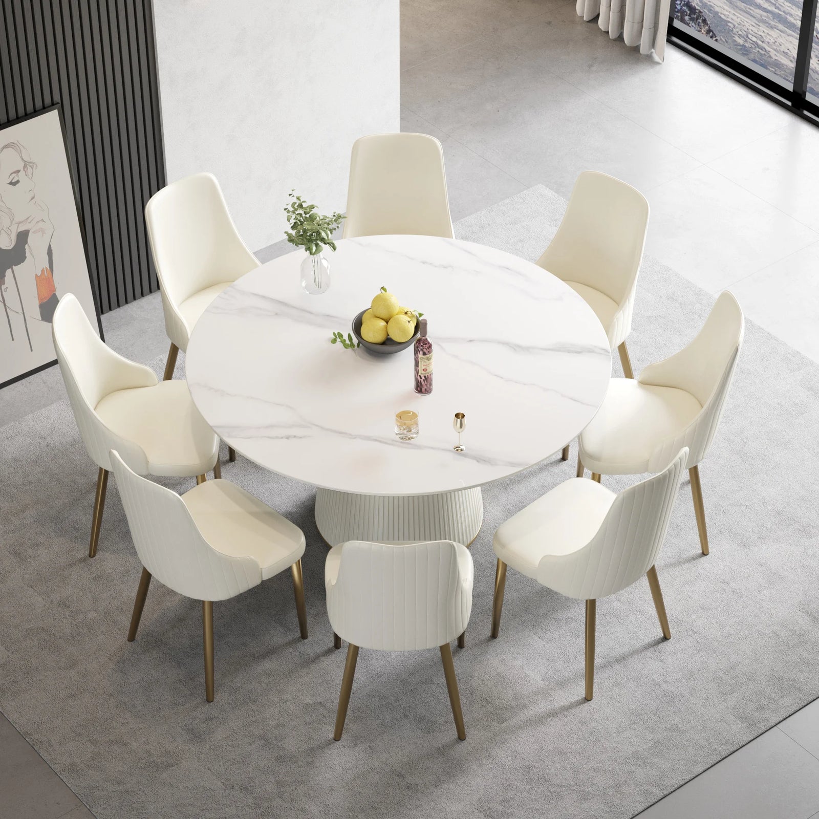 Mesa de comedor Marbella de piedra sinterizada | Redonda de 150 cm (59 pulgadas) en blanco brillante con base revestida de cuero