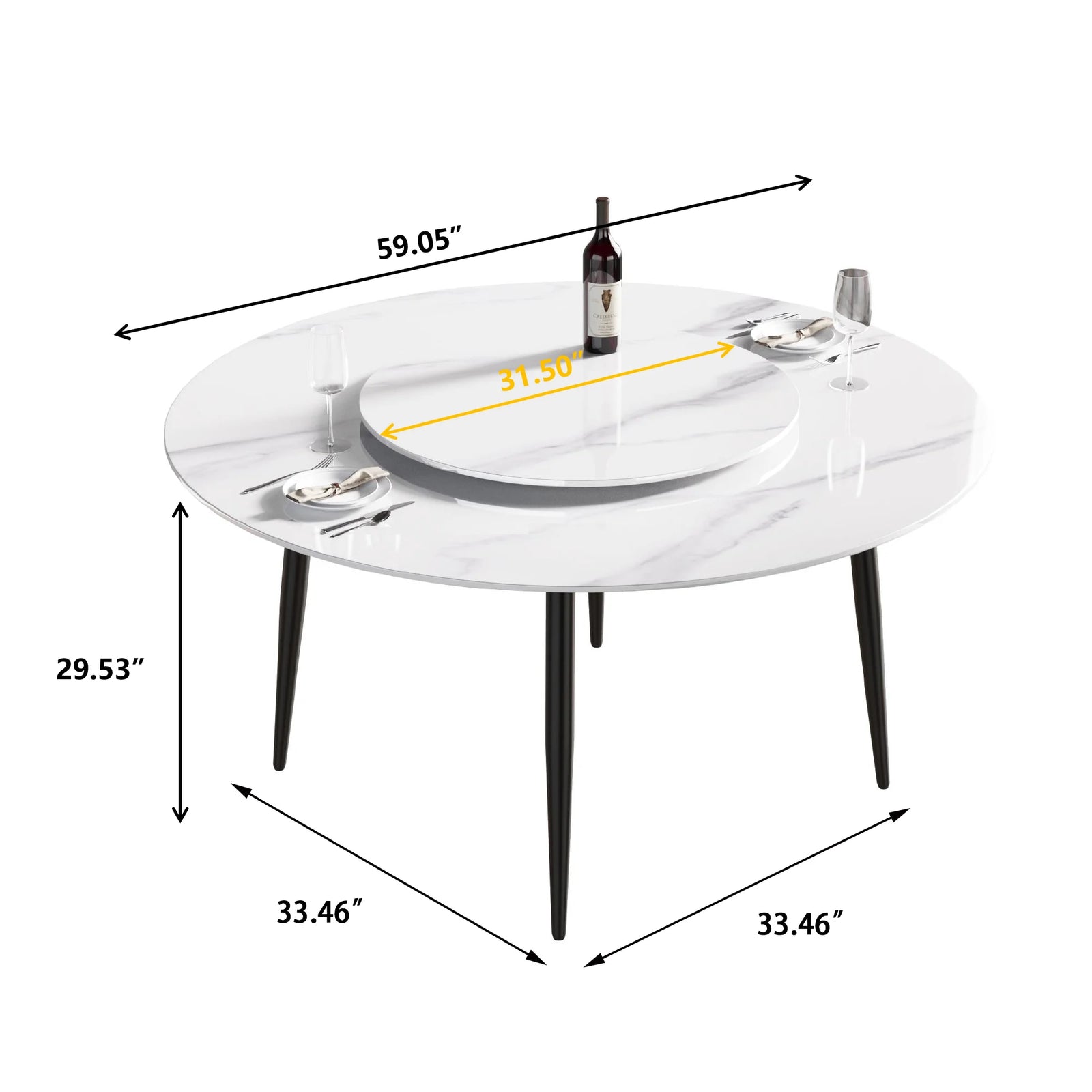Mesa de comedor Marbella de piedra sinterizada | Redonda de 150 cm (59") en blanco brillante con base de metal y bandeja giratoria