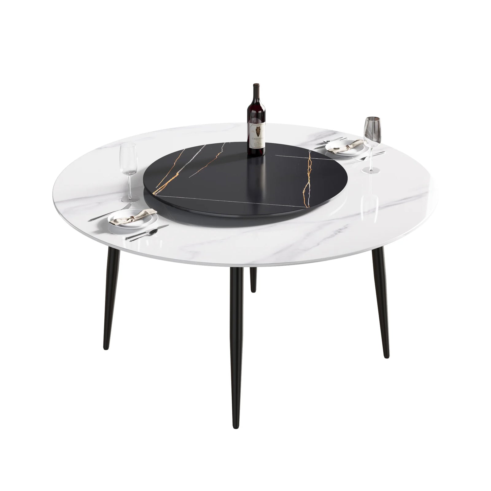 Mesa de comedor Marbella de piedra sinterizada | Redonda de 150 cm (59") en blanco brillante con base de metal y bandeja giratoria
