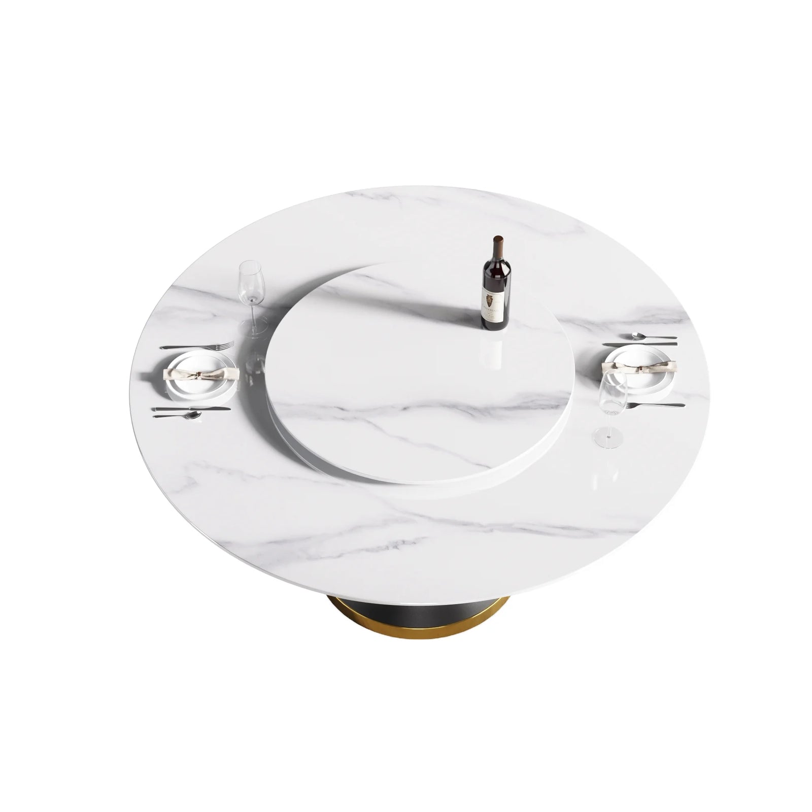 Mesa de comedor Marbella de piedra sinterizada | Redonda de 150 cm (59") en blanco brillante con base de metal y bandeja giratoria