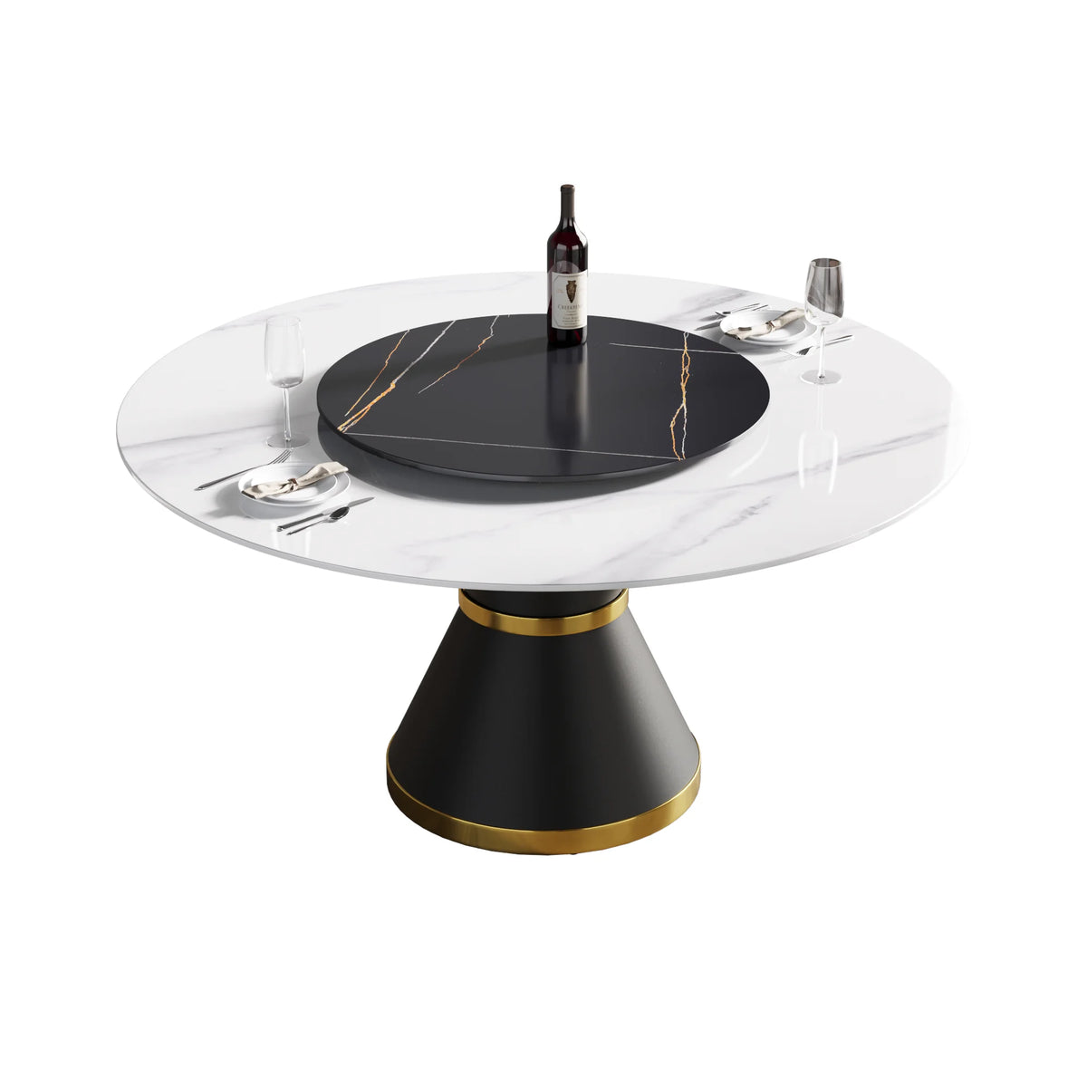 Mesa de comedor Marbella de piedra sinterizada | Redonda de 150 cm (59") en blanco brillante con base de metal y bandeja giratoria