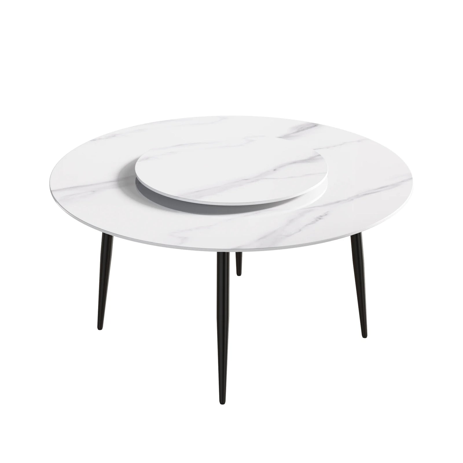 Mesa de comedor Marbella de piedra sinterizada | Redonda de 150 cm (59") en blanco brillante con base de metal y bandeja giratoria