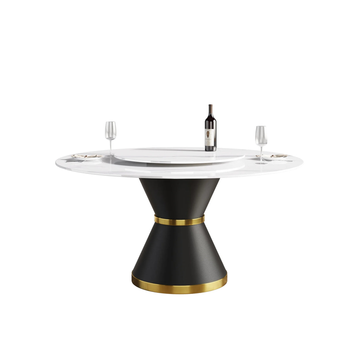 Mesa de comedor Marbella de piedra sinterizada | Redonda de 150 cm (59") en blanco brillante con base de metal y bandeja giratoria