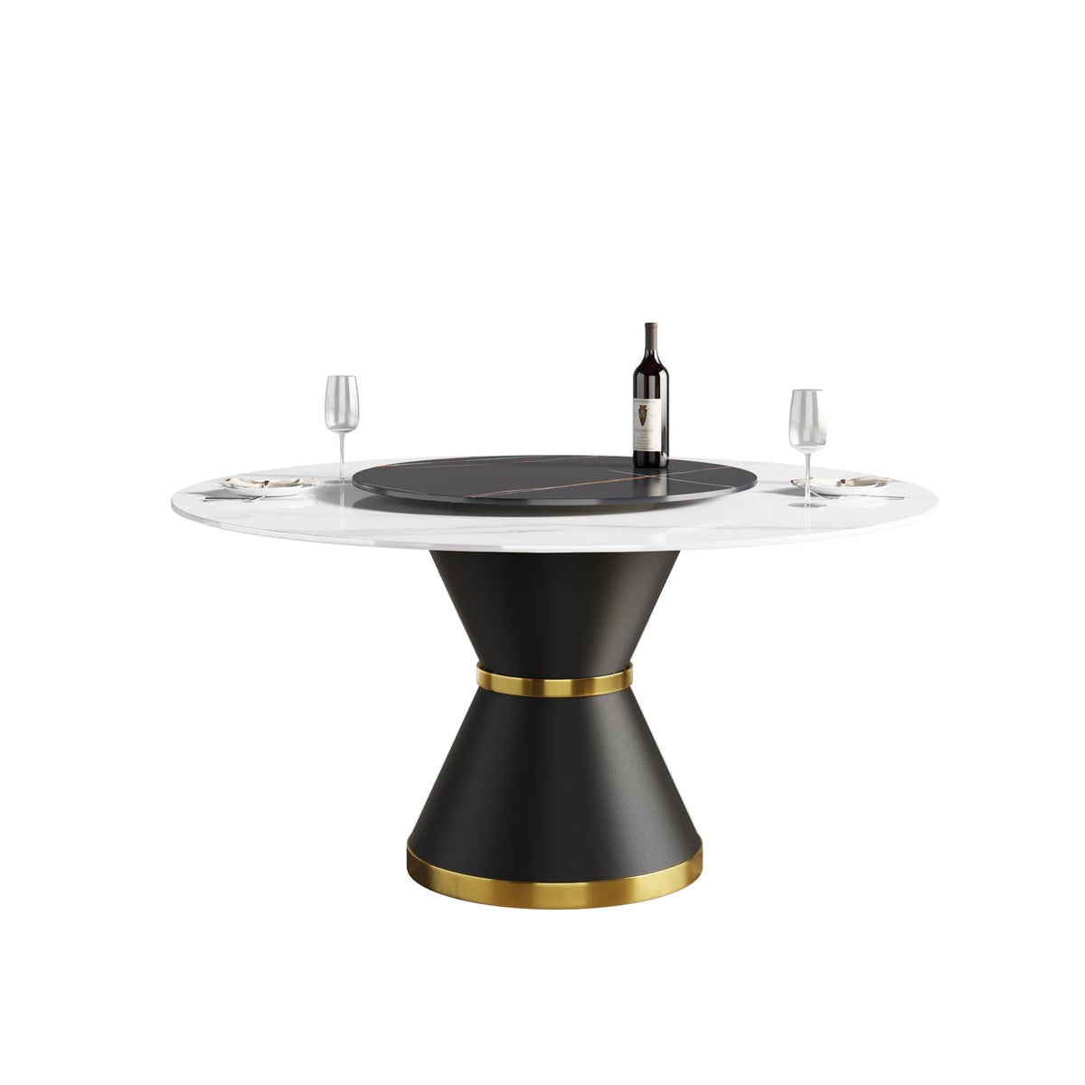 Mesa de comedor Marbella de piedra sinterizada | Redonda de 150 cm (59") en blanco brillante con base de metal y bandeja giratoria