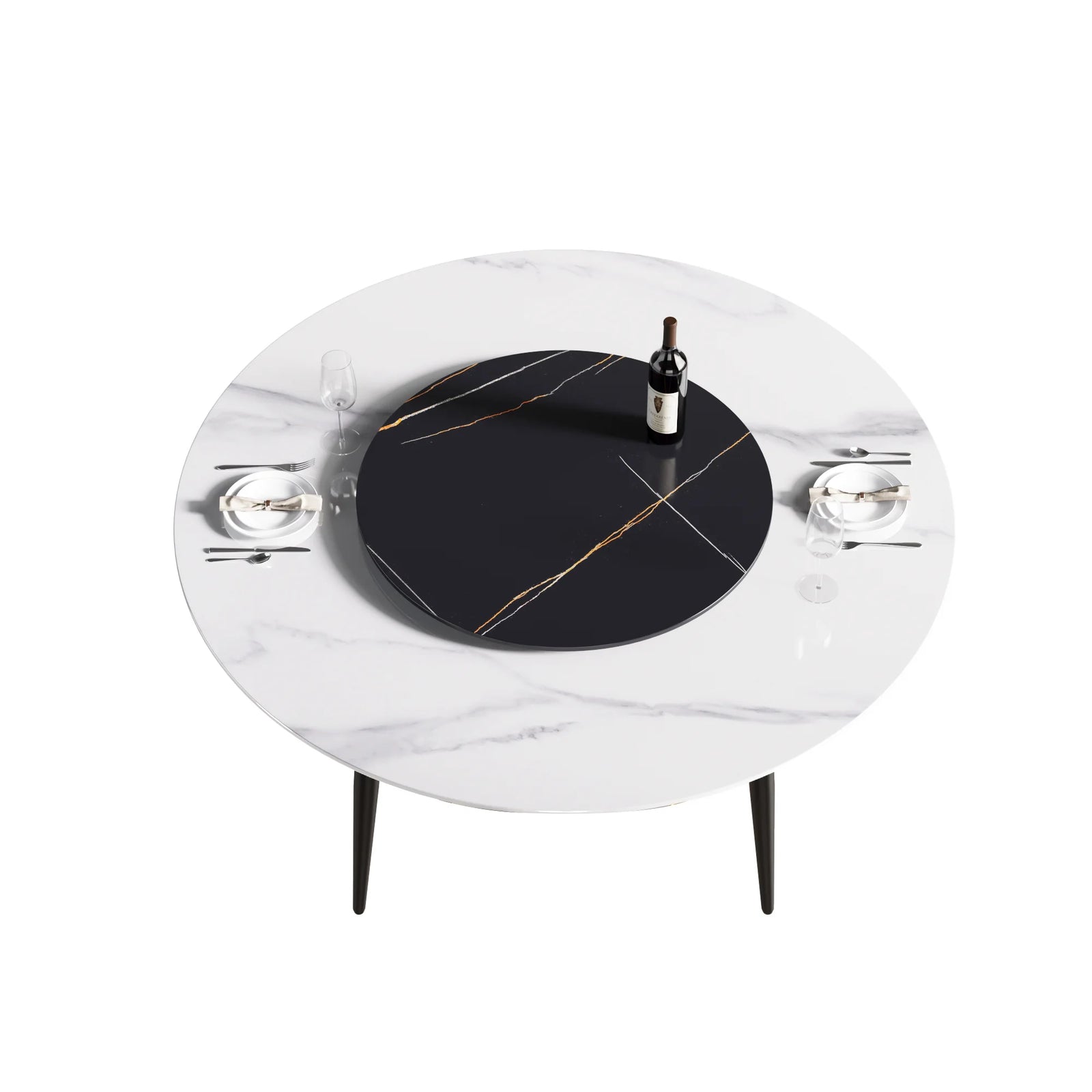 Mesa de comedor Marbella de piedra sinterizada | Redonda de 150 cm (59") en blanco brillante con base de metal y bandeja giratoria