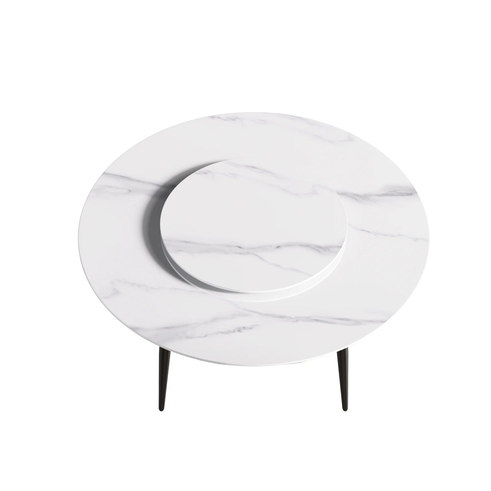 Mesa de comedor Marbella de piedra sinterizada | Redonda de 150 cm (59") en blanco brillante con base de metal y bandeja giratoria