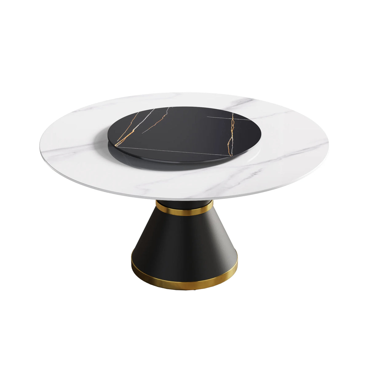 Mesa de comedor Marbella de piedra sinterizada | Redonda de 150 cm (59") en blanco brillante con base de metal y bandeja giratoria