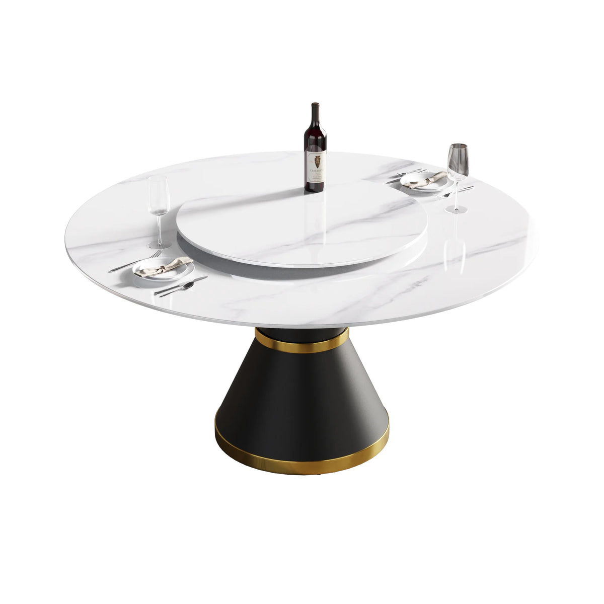 Mesa de comedor Marbella de piedra sinterizada | Redonda de 150 cm (59") en blanco brillante con base de metal y bandeja giratoria