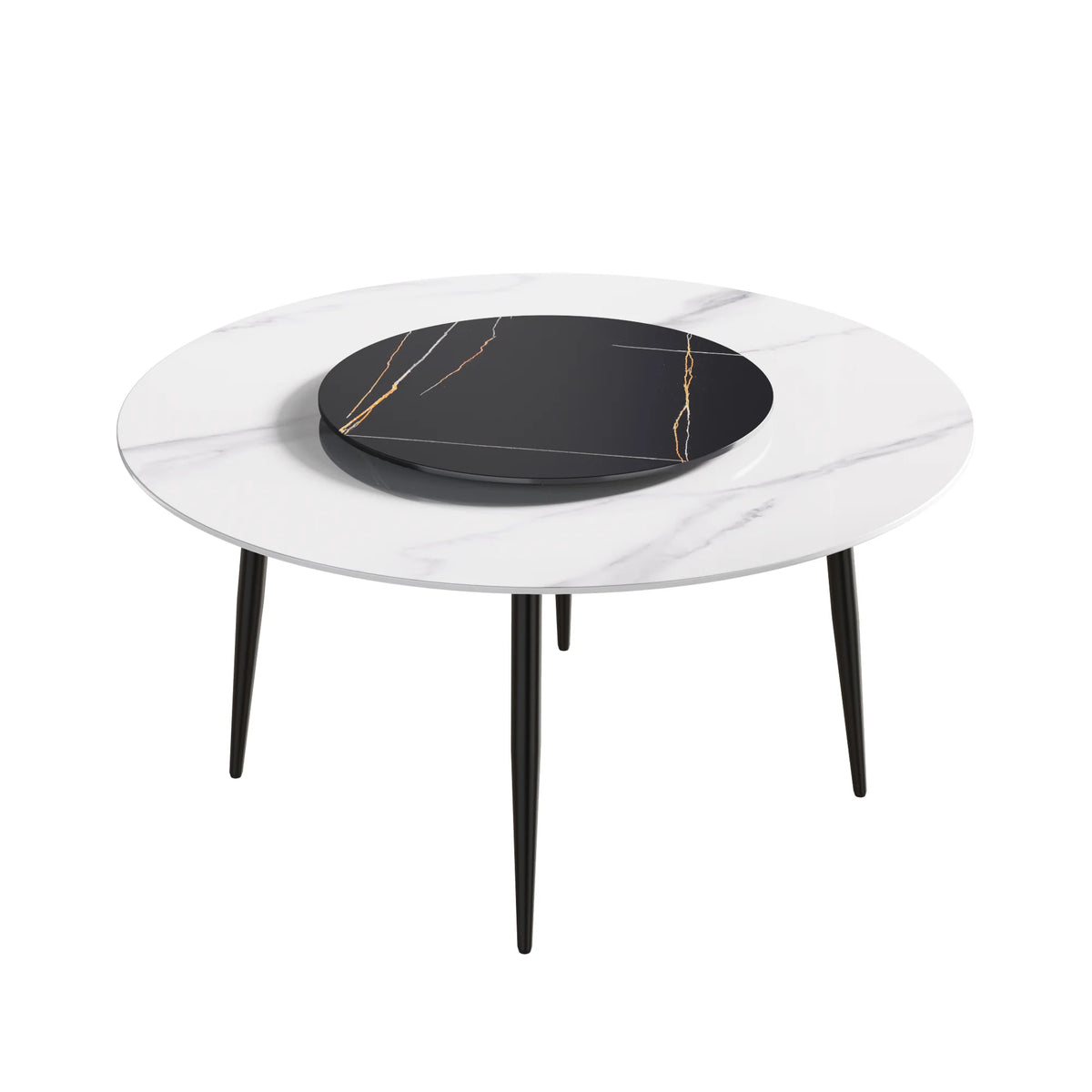 Mesa de comedor Marbella de piedra sinterizada | Redonda de 150 cm (59") en blanco brillante con base de metal y bandeja giratoria
