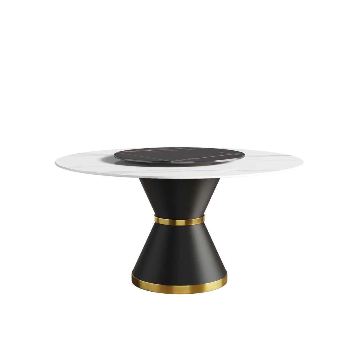 Mesa de comedor Marbella de piedra sinterizada | Redonda de 150 cm (59") en blanco brillante con base de metal y bandeja giratoria