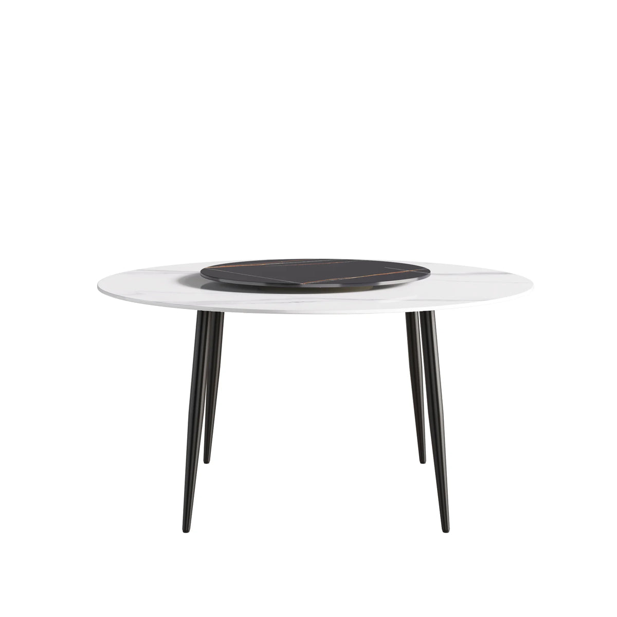 Mesa de comedor Marbella de piedra sinterizada | Redonda de 150 cm (59") en blanco brillante con base de metal y bandeja giratoria