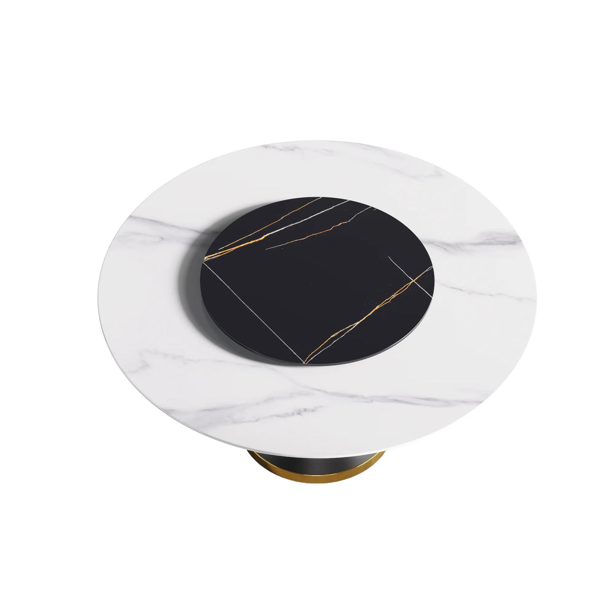 Mesa de comedor Marbella de piedra sinterizada | Redonda de 150 cm (59") en blanco brillante con base de metal y bandeja giratoria