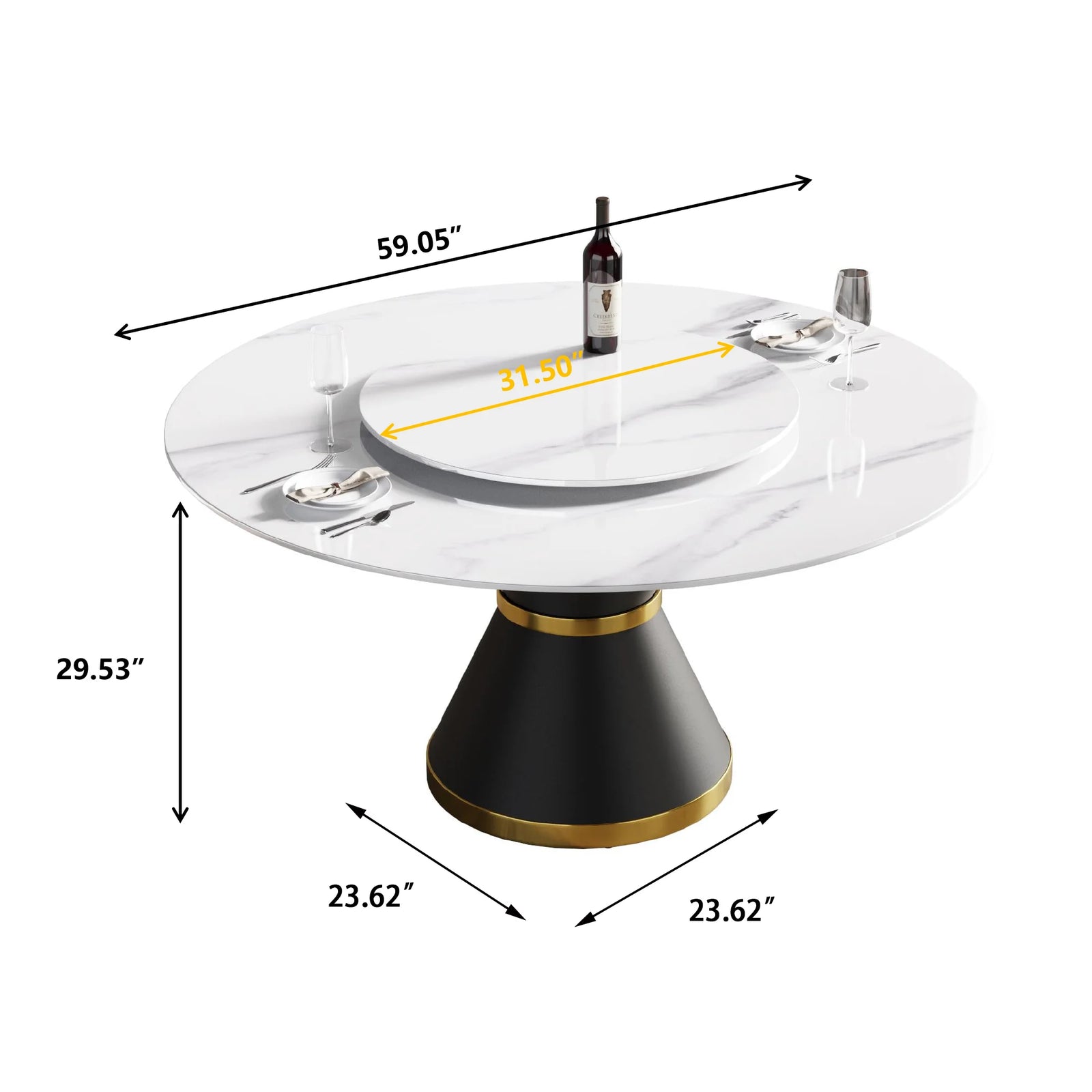 Mesa de comedor Marbella de piedra sinterizada | Redonda de 150 cm (59") en blanco brillante con base de metal y bandeja giratoria