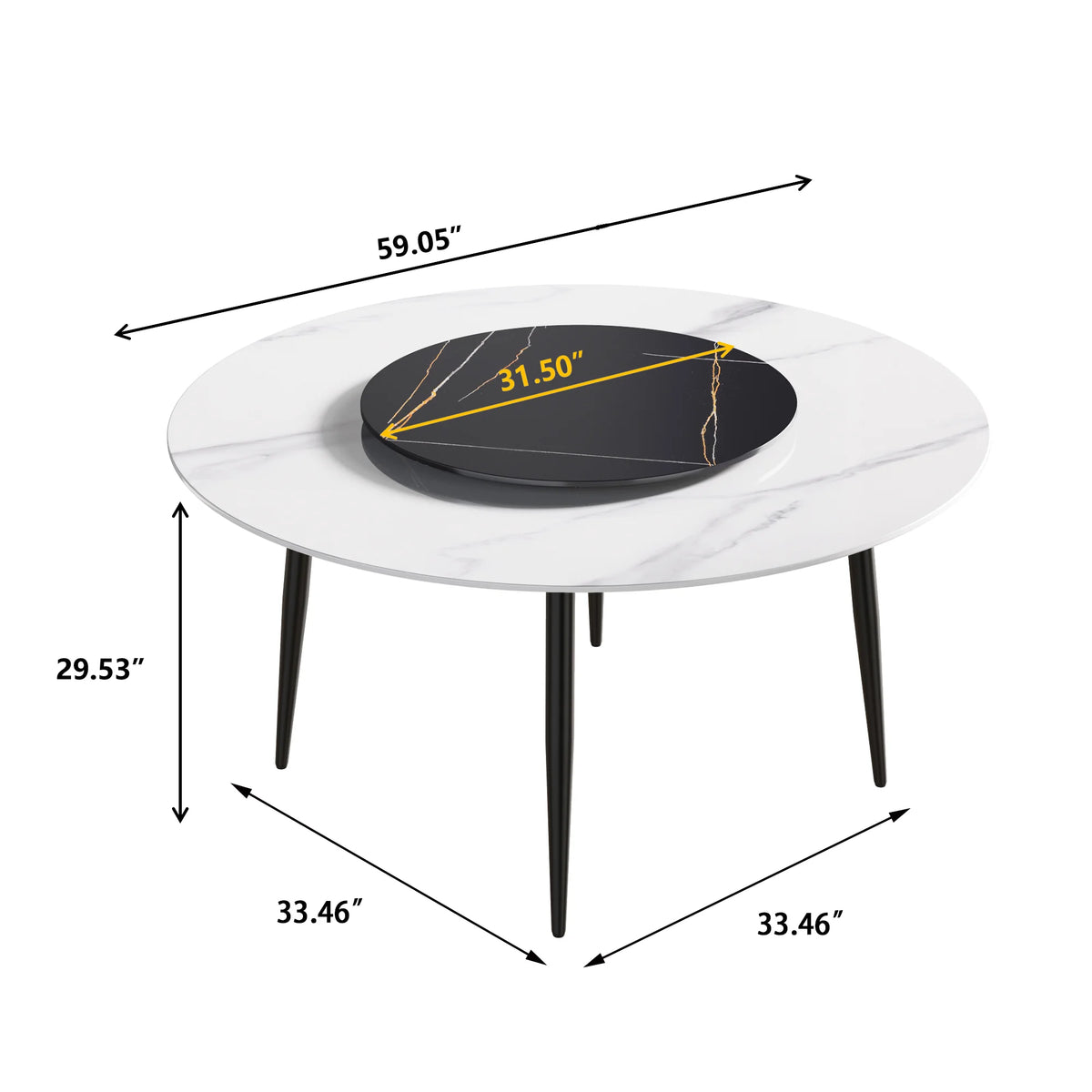 Marbella Sintered Stone Dining Table | 59" White Gloss Round With Metal Base & Lazy Susan