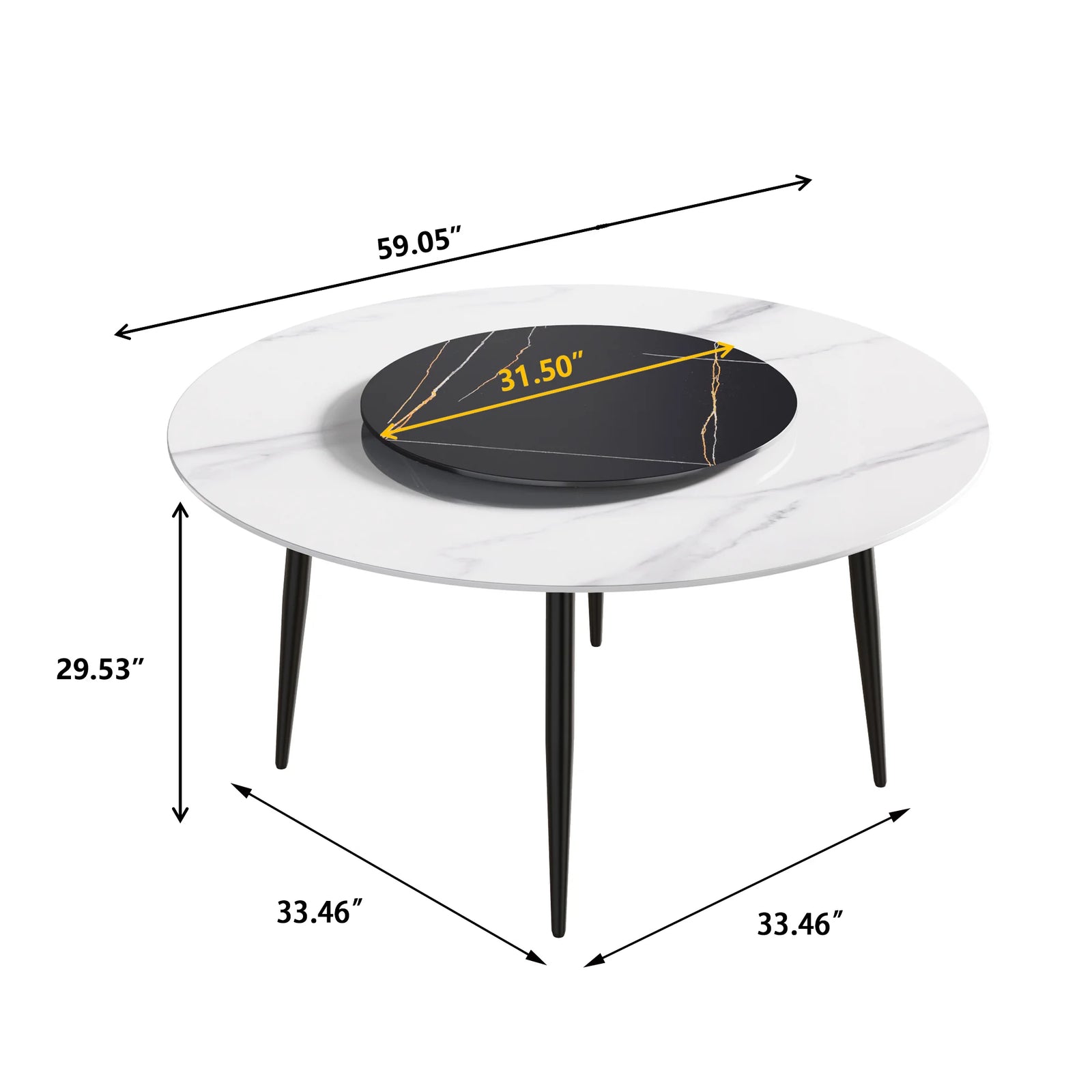 Mesa de comedor Marbella de piedra sinterizada | Redonda de 150 cm (59") en blanco brillante con base de metal y bandeja giratoria