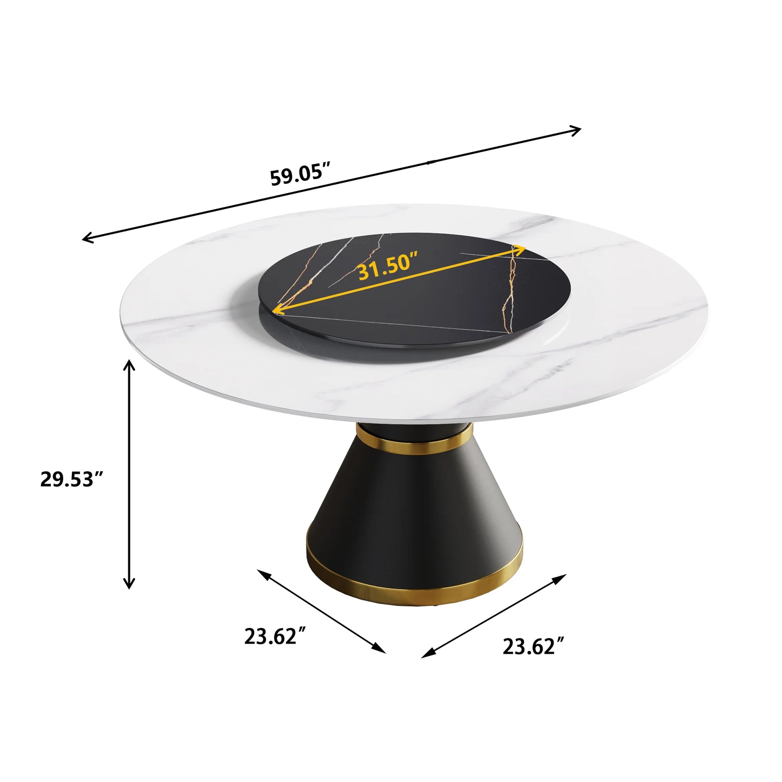 Mesa de comedor Marbella de piedra sinterizada | Redonda de 150 cm (59") en blanco brillante con base de metal y bandeja giratoria