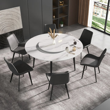 Mesa de comedor Marbella de piedra sinterizada | Redonda de 150 cm (59") en blanco brillante con base de metal y bandeja giratoria