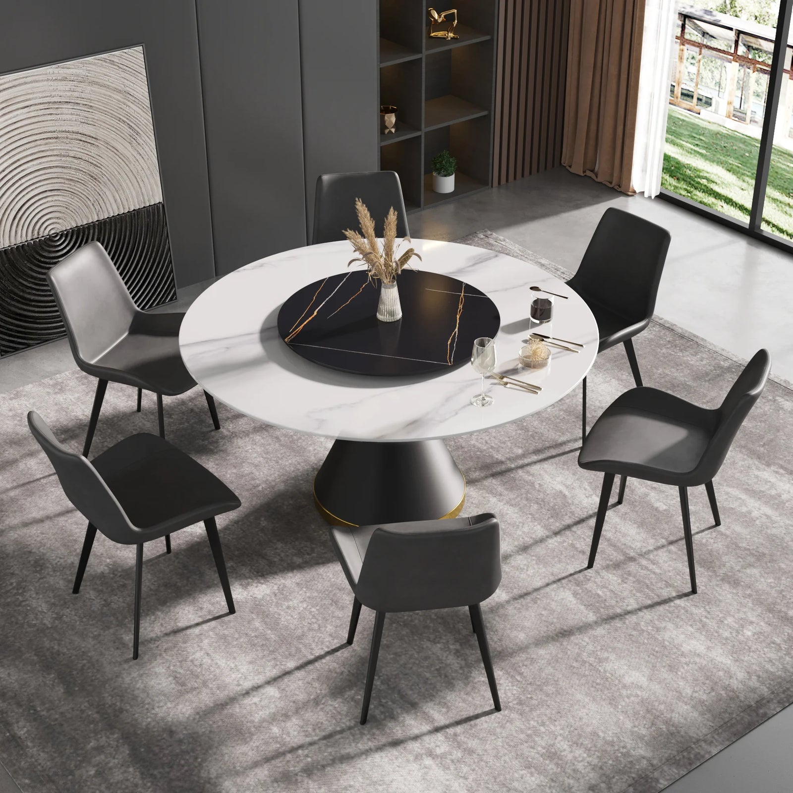 Mesa de comedor Marbella de piedra sinterizada | Redonda de 150 cm (59") en blanco brillante con base de metal y bandeja giratoria
