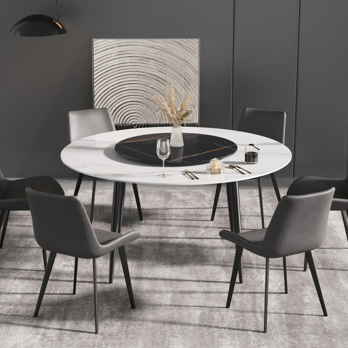 Mesa de comedor Marbella de piedra sinterizada | Redonda de 150 cm (59") en blanco brillante con base de metal y bandeja giratoria