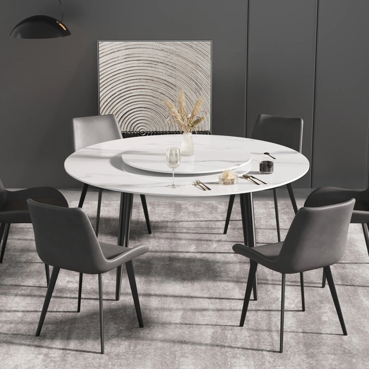 Mesa de comedor Marbella de piedra sinterizada | Redonda de 150 cm (59") en blanco brillante con base de metal y bandeja giratoria