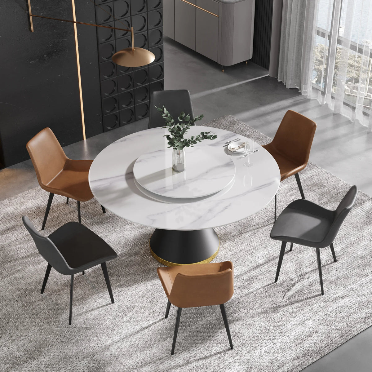 Mesa de comedor Marbella de piedra sinterizada | Redonda de 150 cm (59") en blanco brillante con base de metal y bandeja giratoria