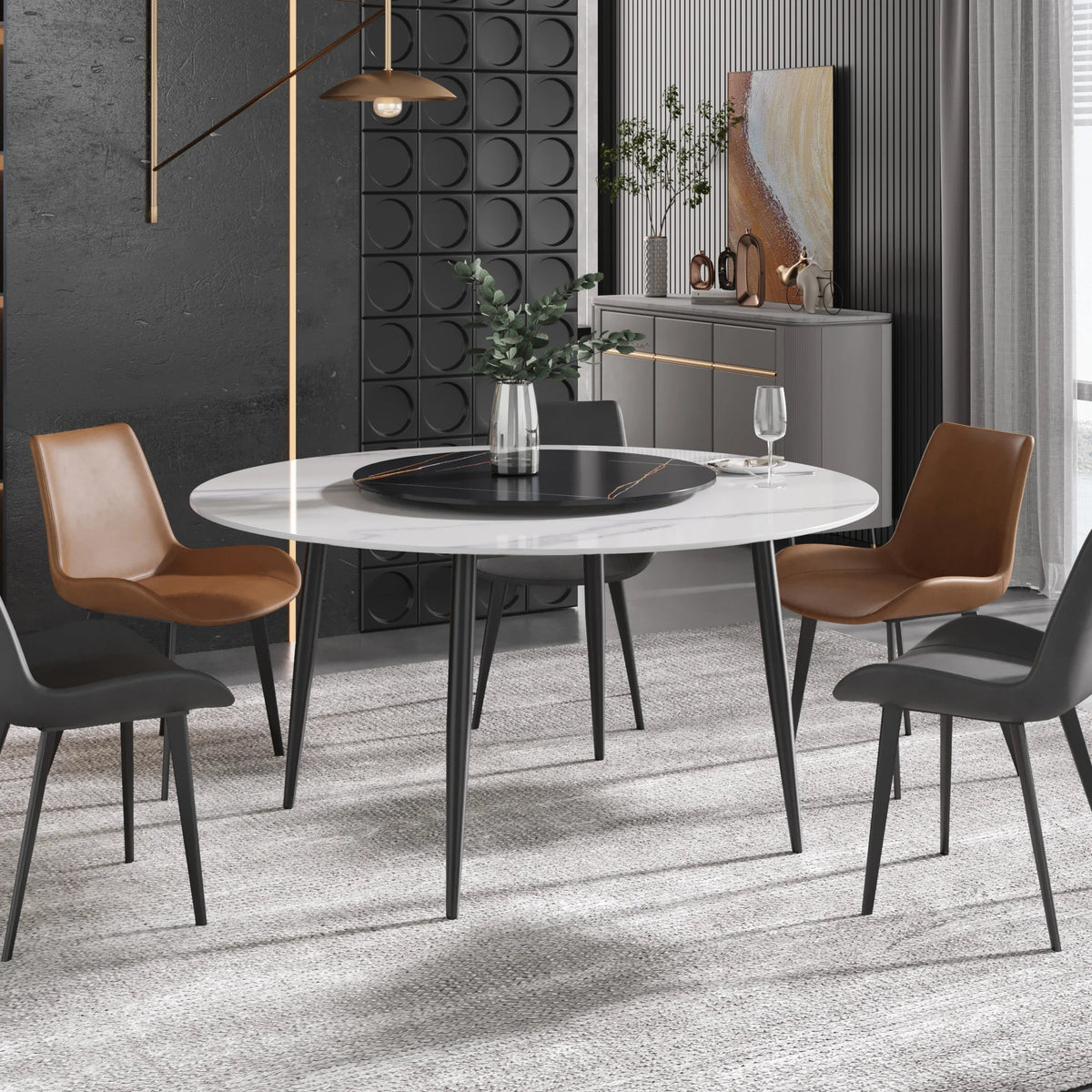 Mesa de comedor Marbella de piedra sinterizada | Redonda de 150 cm (59") en blanco brillante con base de metal y bandeja giratoria