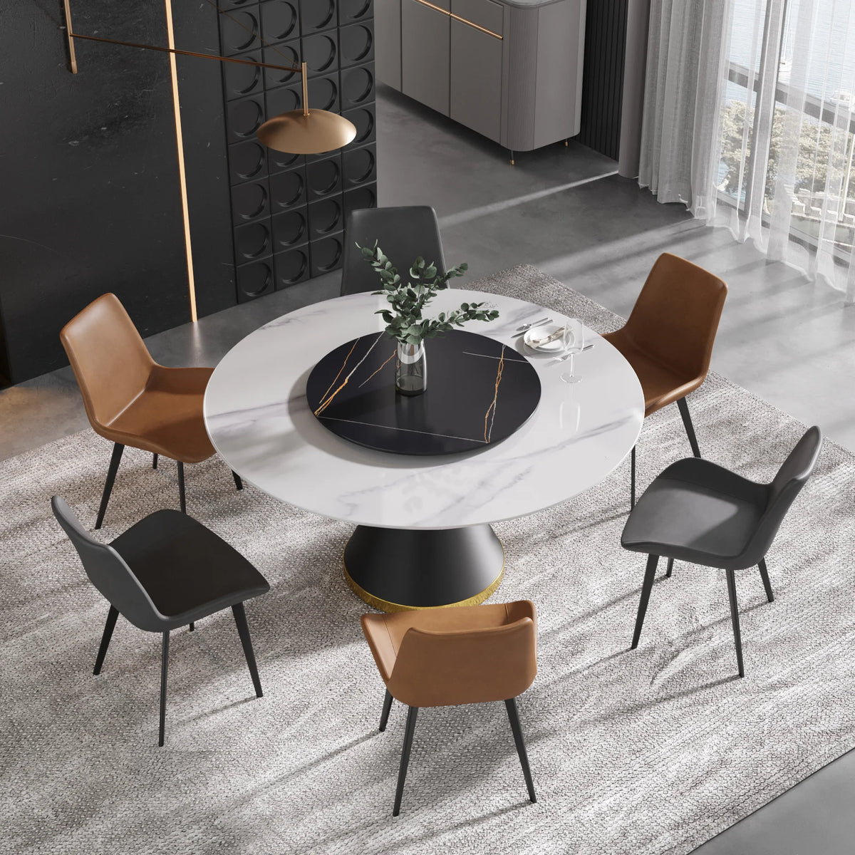 Mesa de comedor Marbella de piedra sinterizada | Redonda de 150 cm (59") en blanco brillante con base de metal y bandeja giratoria