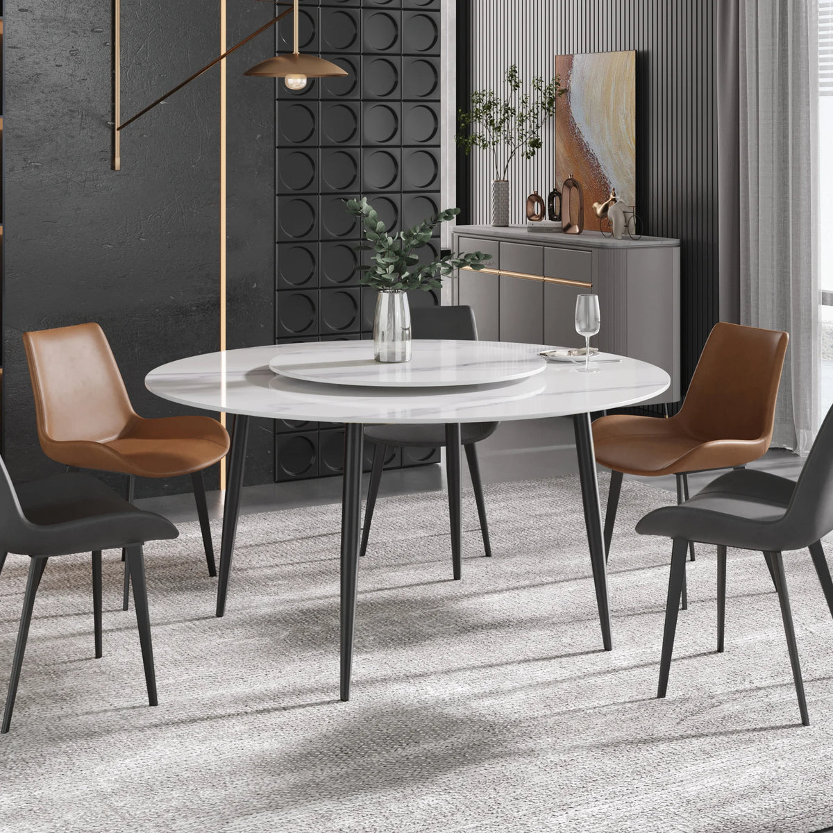 Mesa de comedor Marbella de piedra sinterizada | Redonda de 150 cm (59") en blanco brillante con base de metal y bandeja giratoria