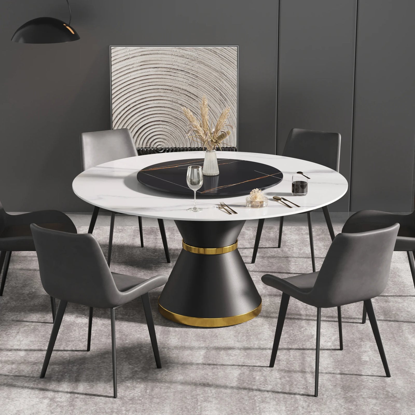 Mesa de comedor Marbella de piedra sinterizada | Redonda de 150 cm (59") en blanco brillante con base de metal y bandeja giratoria