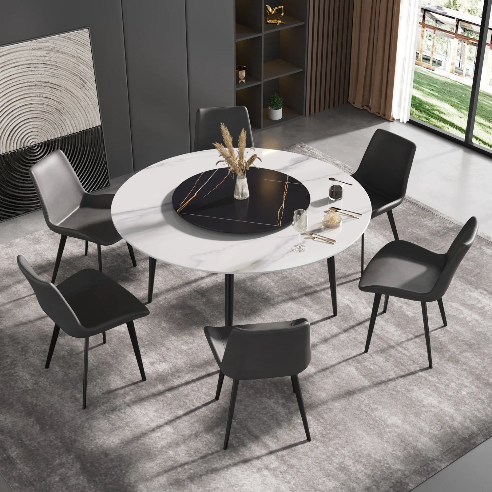 Mesa de comedor Marbella de piedra sinterizada | Redonda de 150 cm (59") en blanco brillante con base de metal y bandeja giratoria