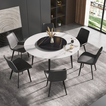 Mesa de comedor Marbella de piedra sinterizada | Redonda de 150 cm (59") en blanco brillante con base de metal y bandeja giratoria