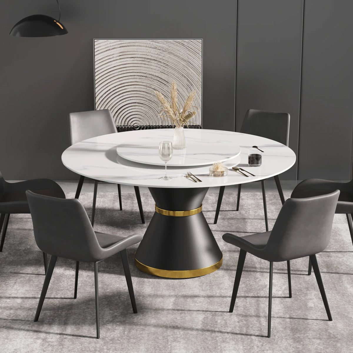 Mesa de comedor Marbella de piedra sinterizada | Redonda de 150 cm (59") en blanco brillante con base de metal y bandeja giratoria