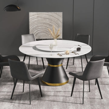 Mesa de comedor Marbella de piedra sinterizada | Redonda de 150 cm (59") en blanco brillante con base de metal y bandeja giratoria