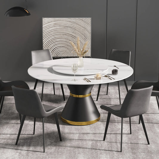 Marbella Sintered Stone Dining Table | 59" White Gloss Round With Metal Base & Lazy Susan