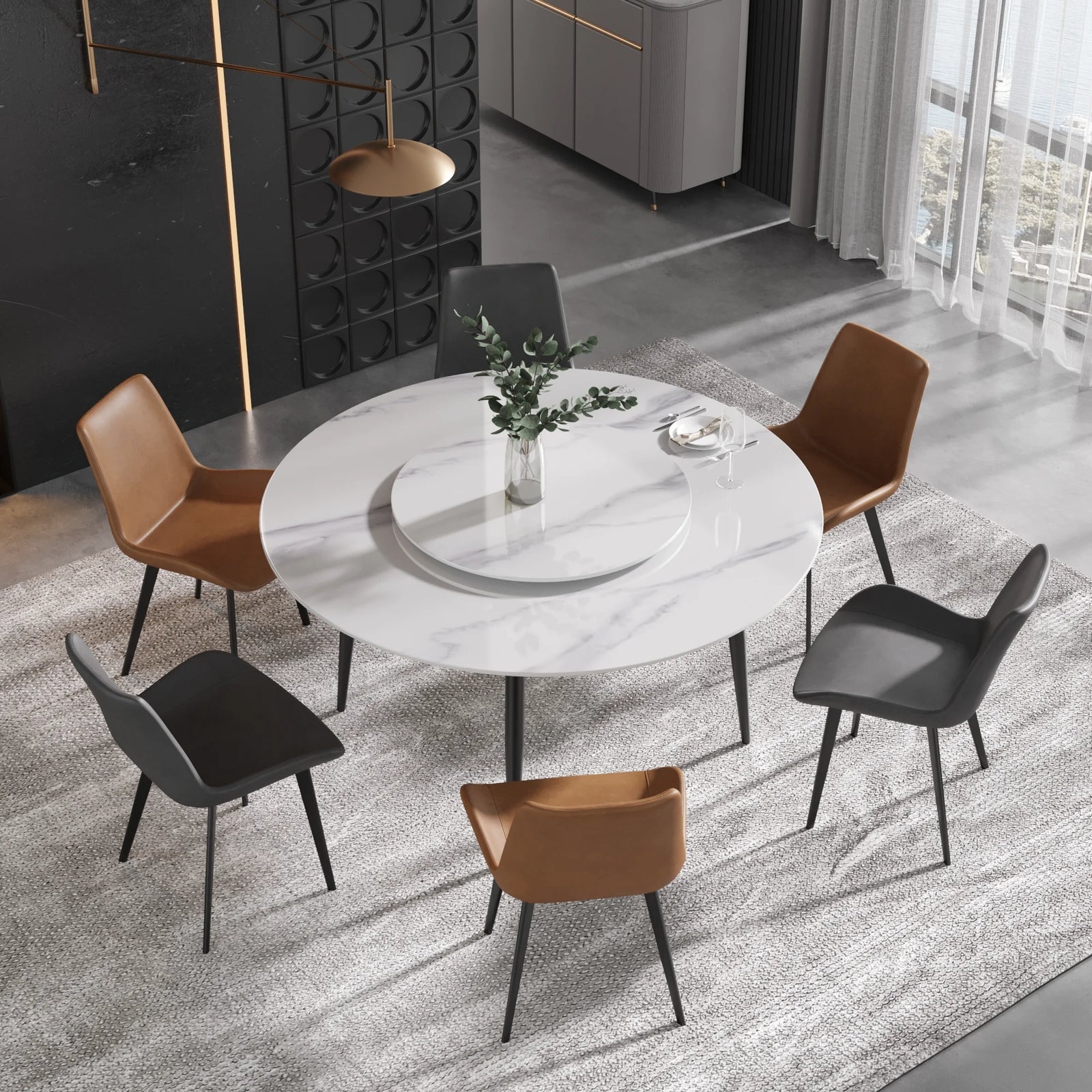 Mesa de comedor Marbella de piedra sinterizada | Redonda de 150 cm (59") en blanco brillante con base de metal y bandeja giratoria