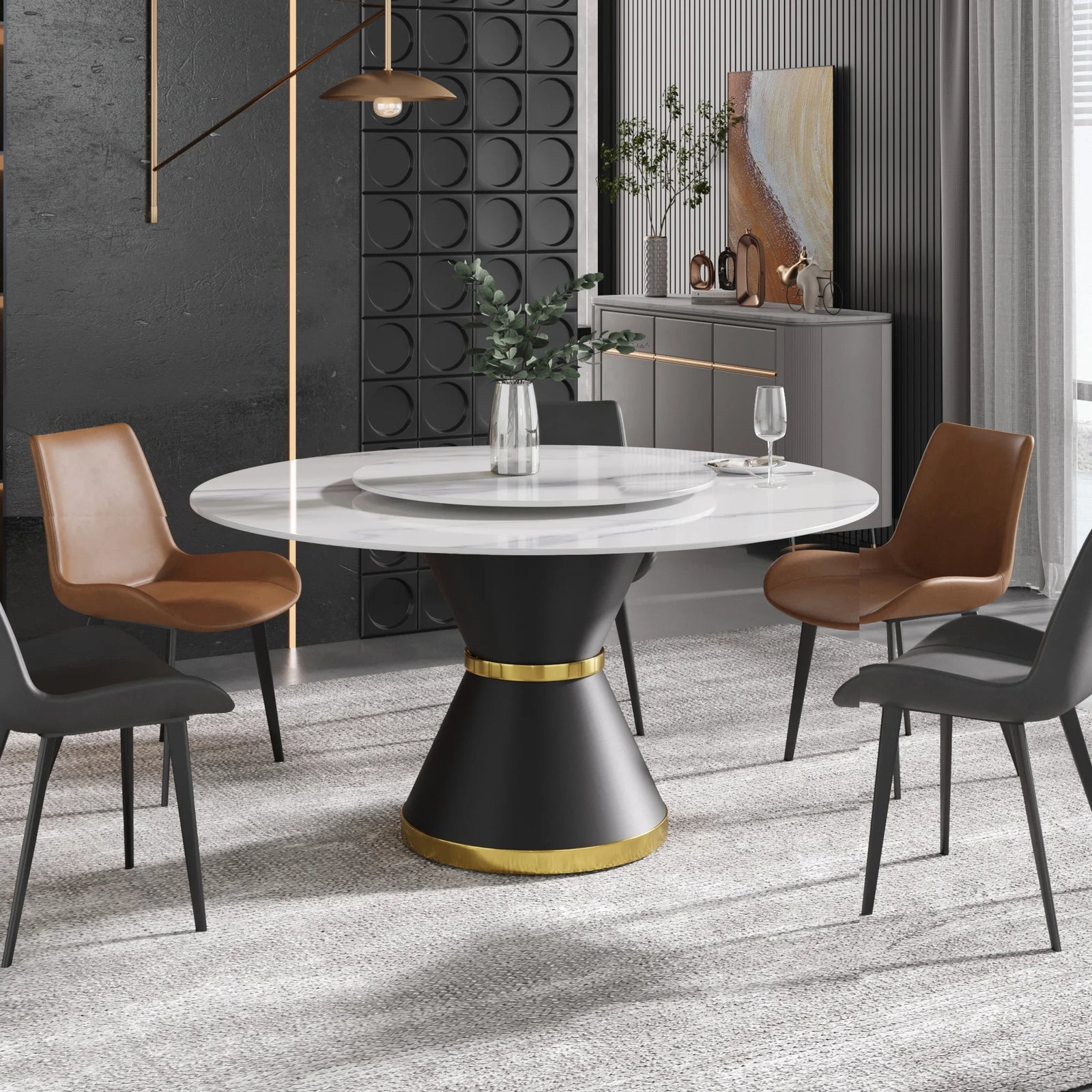 Mesa de comedor Marbella de piedra sinterizada | Redonda de 150 cm (59") en blanco brillante con base de metal y bandeja giratoria