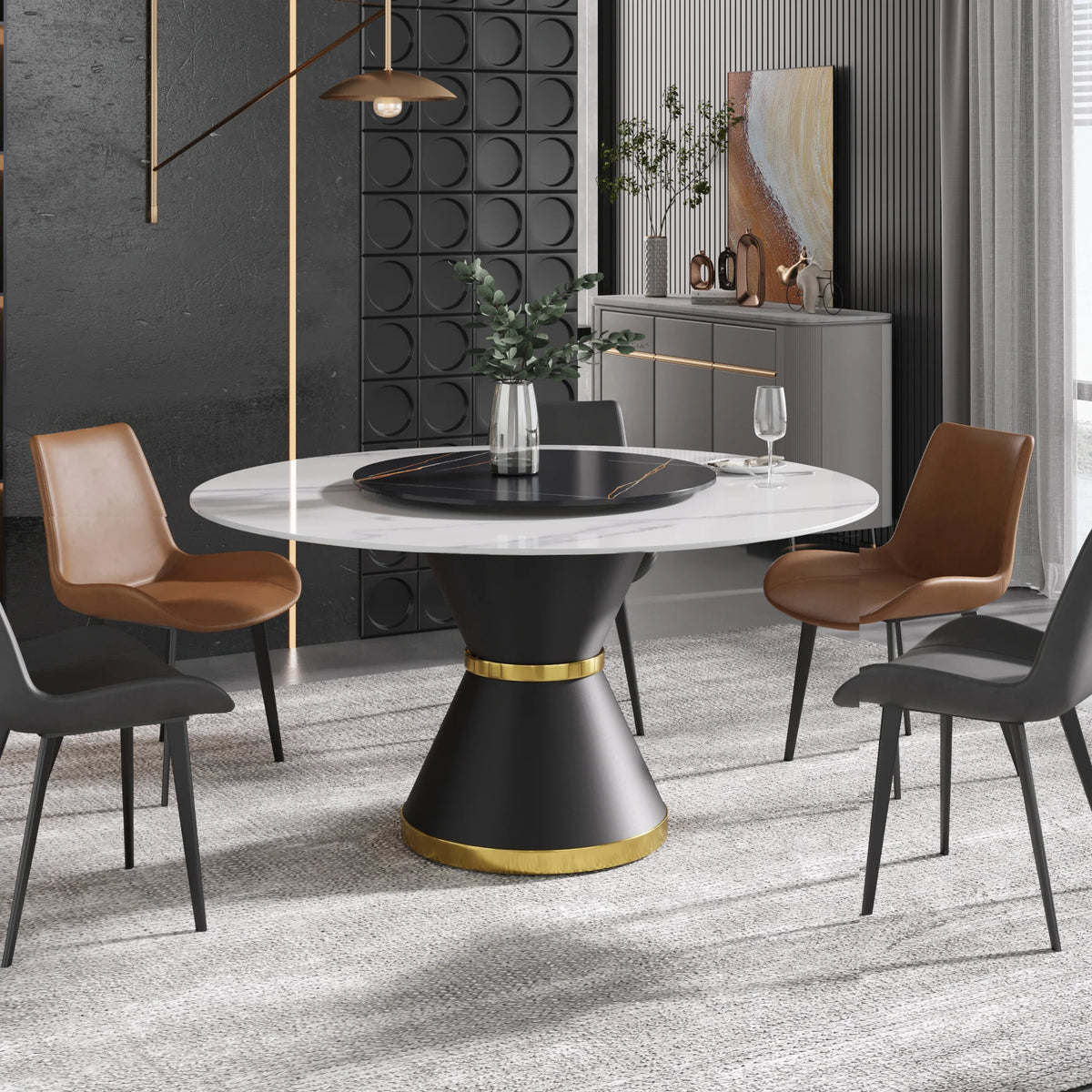 Mesa de comedor Marbella de piedra sinterizada | Redonda de 150 cm (59") en blanco brillante con base de metal y bandeja giratoria