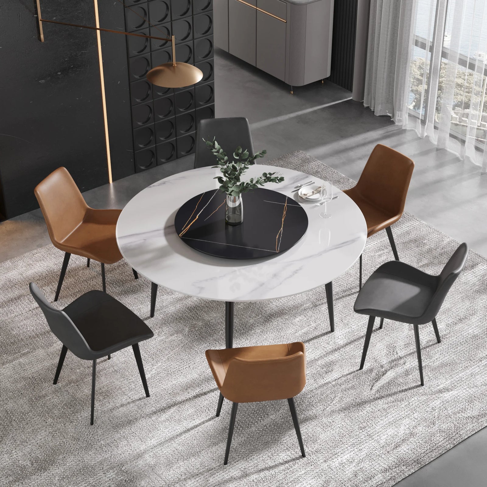 Mesa de comedor Marbella de piedra sinterizada | Redonda de 150 cm (59") en blanco brillante con base de metal y bandeja giratoria