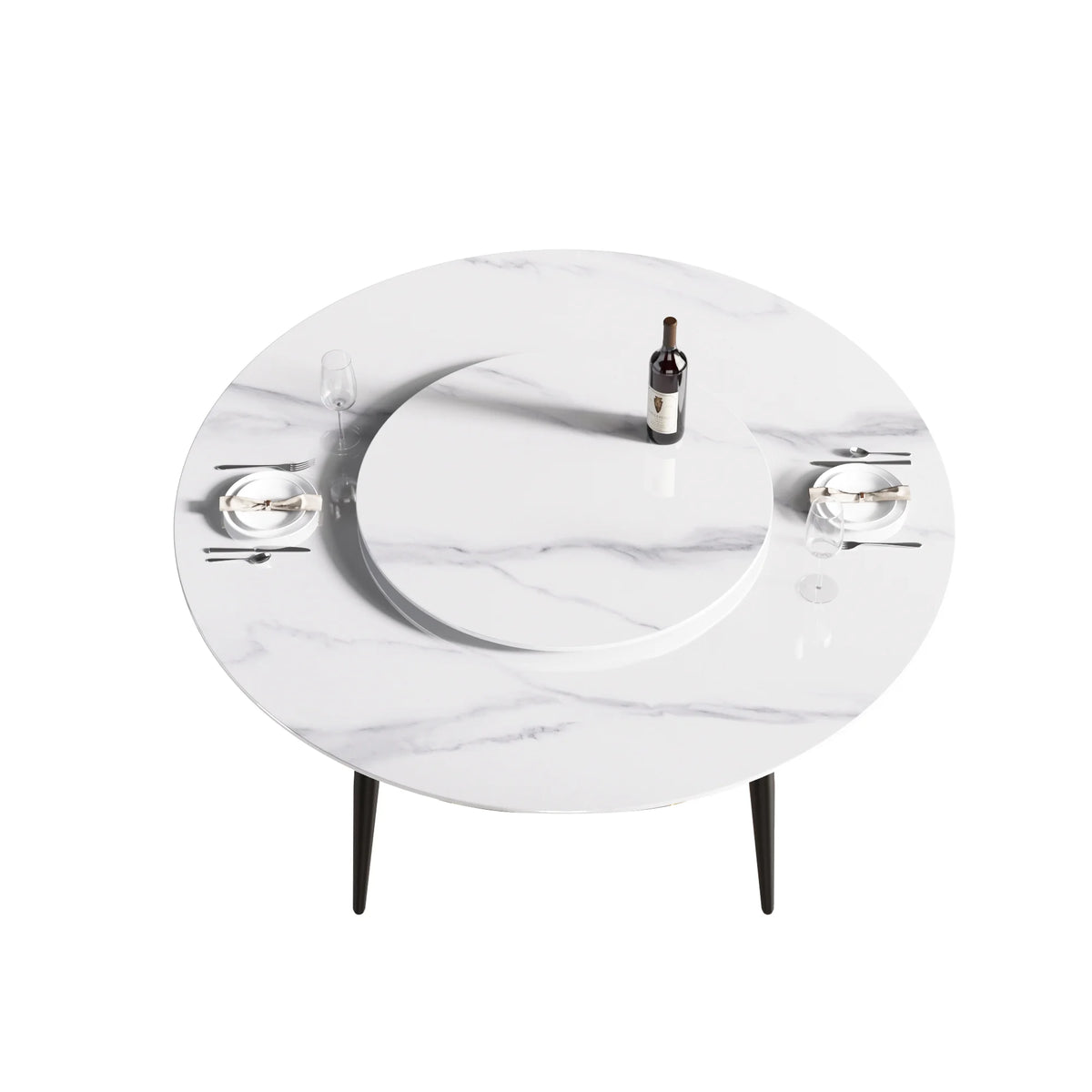 Marbella Sintered Stone Dining Table | 59" White Gloss Round With Metal Base & Lazy Susan