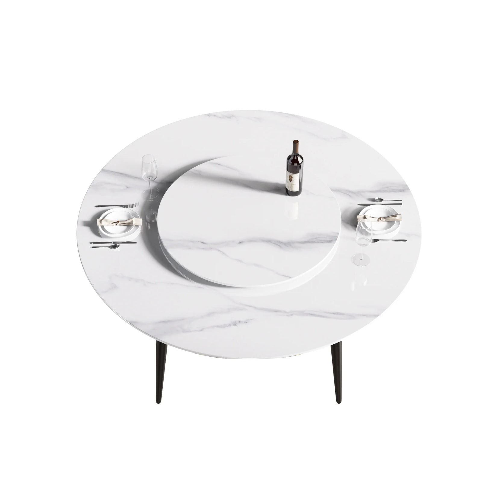 Mesa de comedor Marbella de piedra sinterizada | Redonda de 150 cm (59") en blanco brillante con base de metal y bandeja giratoria