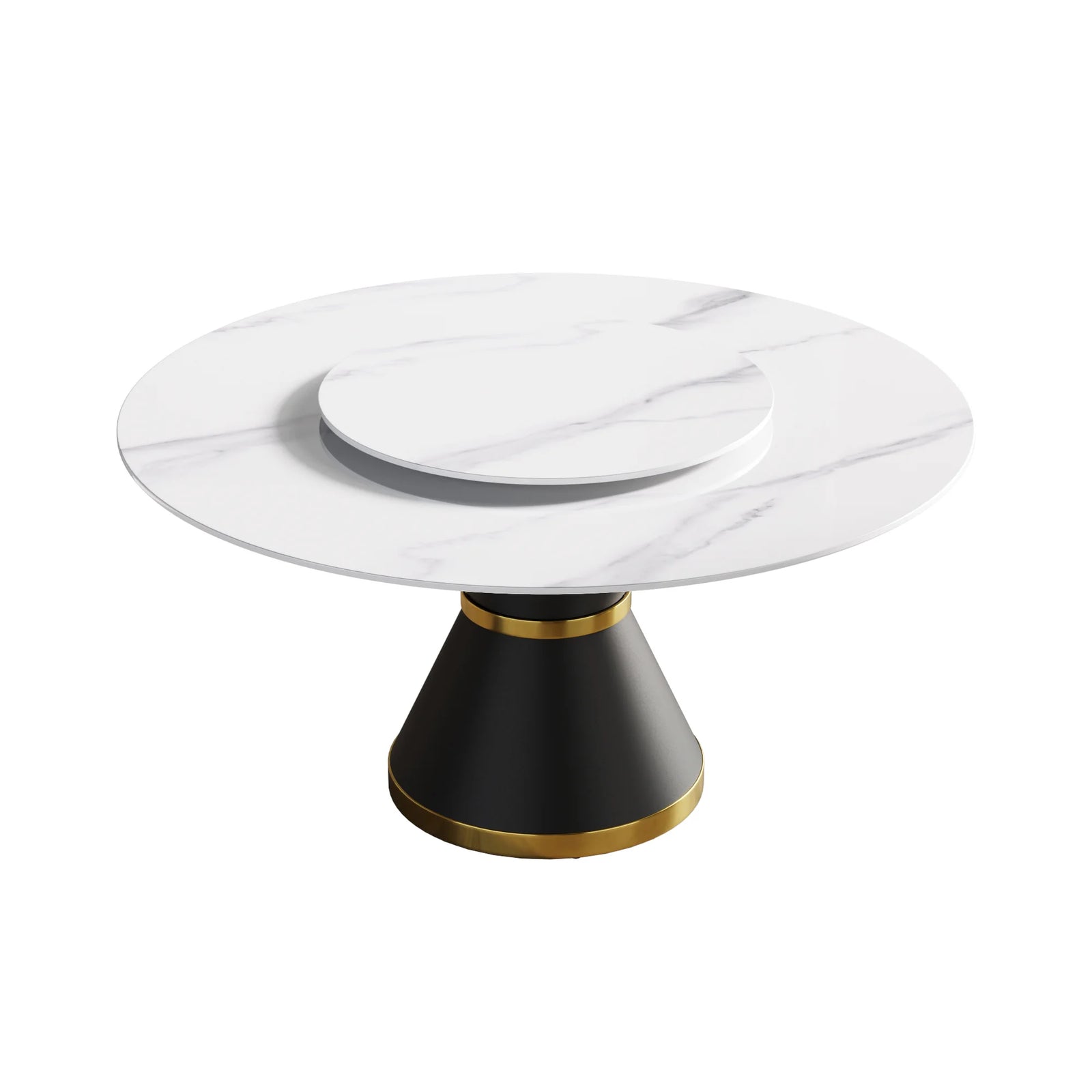 Mesa de comedor Marbella de piedra sinterizada | Redonda de 150 cm (59") en blanco brillante con base de metal y bandeja giratoria