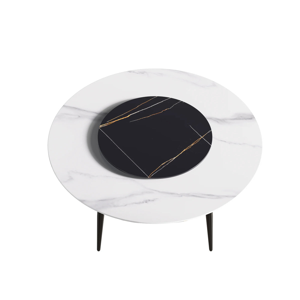 Mesa de comedor Marbella de piedra sinterizada | Redonda de 150 cm (59") en blanco brillante con base de metal y bandeja giratoria