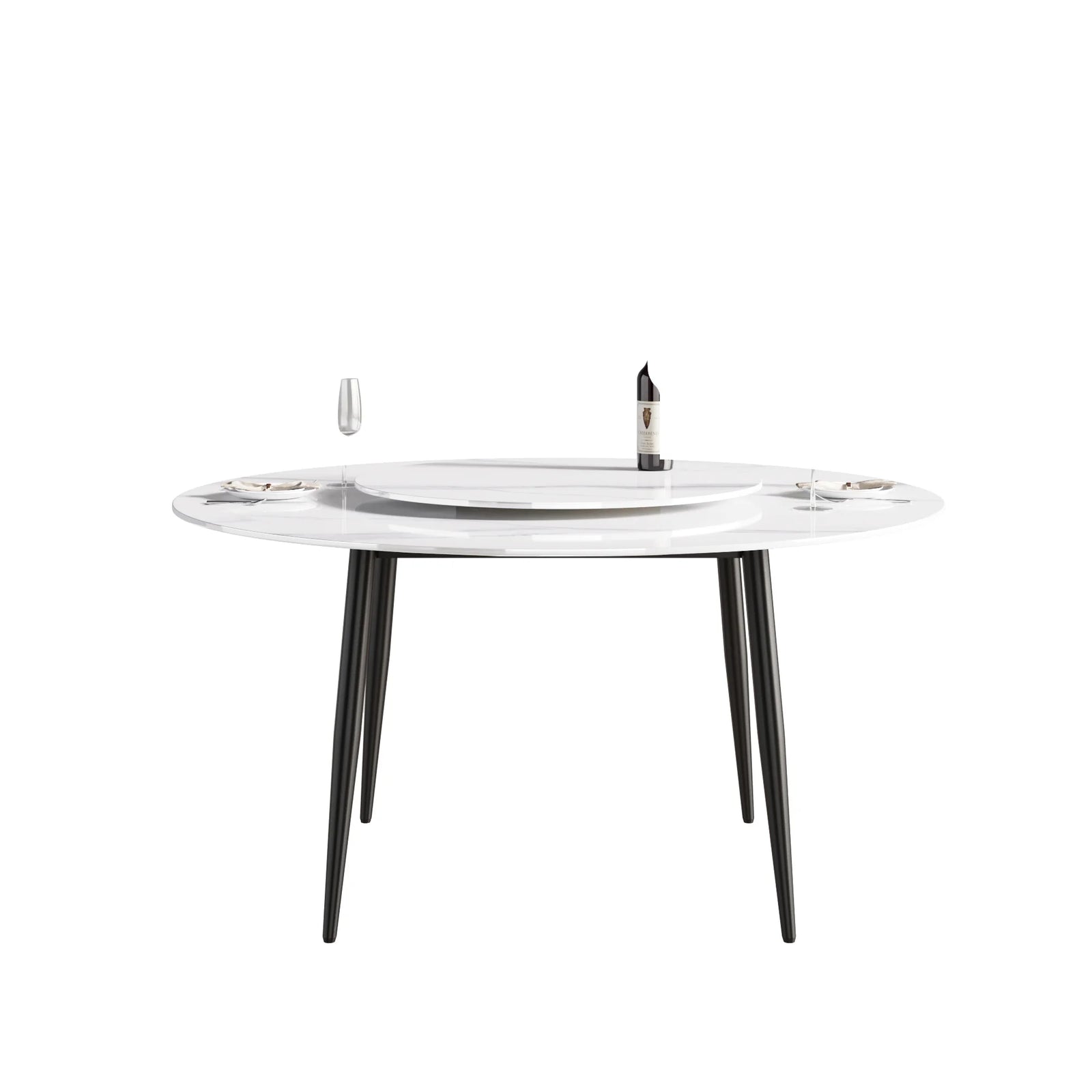 Mesa de comedor Marbella de piedra sinterizada | Redonda de 150 cm (59") en blanco brillante con base de metal y bandeja giratoria