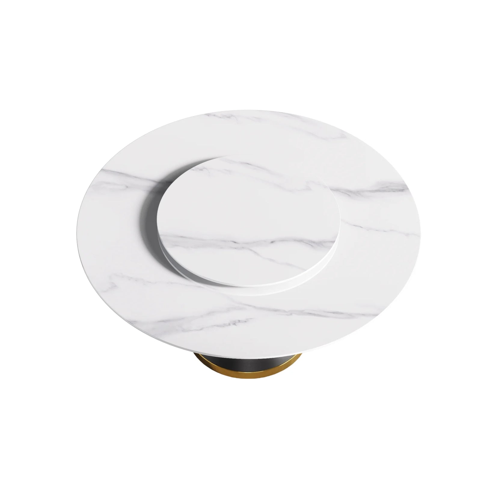 Mesa de comedor Marbella de piedra sinterizada | Redonda de 150 cm (59") en blanco brillante con base de metal y bandeja giratoria